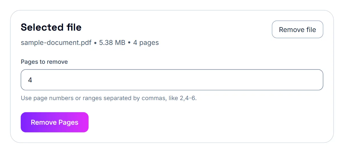 Remove Pages with a four-page sample loaded and 4 typed into the Pages to remove box